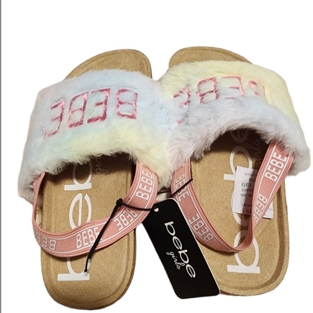 Bebe Girls Pink&Rainbow Logo Faux Fur Sandal